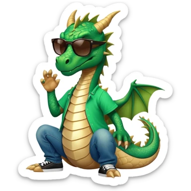 friendly anthropomorphised dragon in a hip-hop t-shirt and jeans with dark sunglasses, relaxed pose sticker