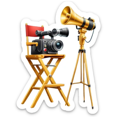 Icon for Directing: a director's chair, a large film camera, a megaphone, a stage set with lights and an Oscar statuette. The icon should represent the creative and leadership aspects of directing, with focus on film and theater production. Transparent background. sticker