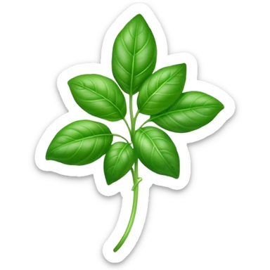 Cinematic Realistic Basil Emoji, Lush and fragrant, with vibrant green leaves that release a fresh, herbal aroma. The soft, glossy leaves are delicately arranged along slender stems, exuding vitality and flavor. Soft glowing outline, capturing the essence of freshness, growth, and aromatic delight in a blossoming basil plant! sticker