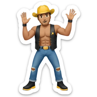  Cool 40 year old buffed with his shirt off flipping off white both hands yellow gold hat on backwards with a pair of hole blue jeans and a black leather cut on or vest and a pair of black Jordan’s on his feet with a Glock tucked in his pants sticker