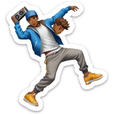 Icon for Street Dance: a dancer in urban streetwear performing a dynamic lower breakdance move, with a spray-painted background and a boombox on the asphalt. The icon should capture the energy, style, and creativity of street dance culture. Transparent background. sticker