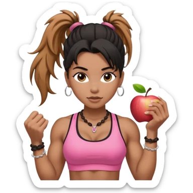 Caramel skinned toned female with a black messy ponytail for hair. Her eyes are a coffee color brown and almond shaped. She’s wearing a pink sports bra and showing off her big muscular toned biceps. She’s not holding anything in her hands but she wears a rosary necklace and an Apple Watch. sticker