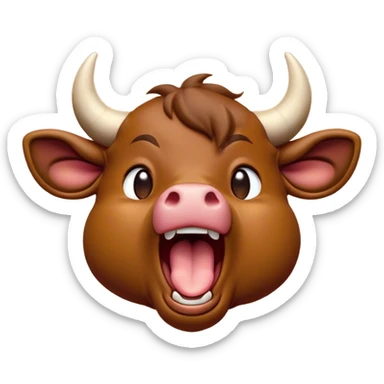 Cinematic Cute Yawning Brown Bull Portrait Emoji, Head tilted slightly with a dramatic, wide-open yawn, showcasing a smooth, rich brown hide with a subtle texture, floppy ears slightly drooping, round dark eyes barely open in drowsy contentment, Simplified yet irresistibly adorable features, highly detailed, glowing with a soft, cozy glow, high shine, relaxed yet expressive, stylized with a touch of rugged whimsy, bright and endearing, soft glowing outline, capturing the essence of a sleepy yet affectionate guardian, so drowsy it feels like it could charge right out of the screen and curl up for a nap! sticker