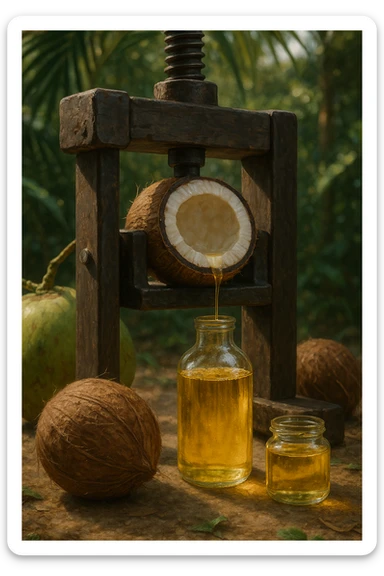 realistic and cinematic vertical 2:3 illustration showing the process of coconut oil extraction for organic product. Depict fresh coconuts, manual or mechanical pressing phase, and pure oil being collected. Natural atmosphere, realistic details, no text. sticker