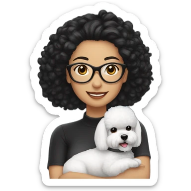 woman-black-hair-bun-with glasses-with bichon dog-white-smile-Christmas sticker