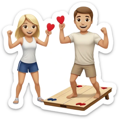 Fit man with brown hair playing cornhole with a blonde hair girl cheering him on sticker