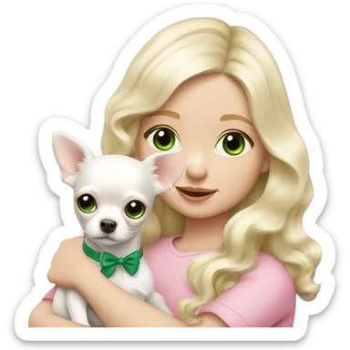 pale blond girl with wavy long platinum hair with green eyes holding a white chihuahua puppy that wearing a pink bow sticker