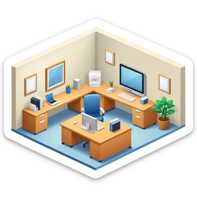 An isometric 3D room with two walls that meet at the back left and right. Office Desk sticker