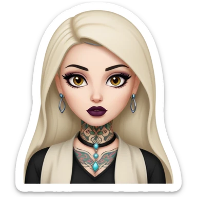 arabian, pretty lips, clothes, very pale tattoed skin,  dark brown eyes, pretty bratz baddie, black eyeliner sticker