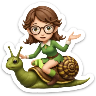 tiny forest elf woman brown wavy hair glasses riding a snail sticker