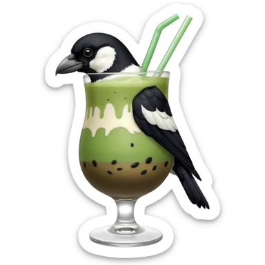  ONE Australien Magpie (just black and white feathers) sitting on an iced matcha latte on the edge of the glass. magpie has green matcha on its beak. matxha latte is in a see through glass and white from the oat milk on the bottom and green without seeds on top… one straw & ice cubes sticker