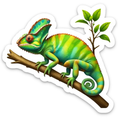 Giant Chameleon blending into natural surroundings, perched on a branch. Its vibrant colors shift with the environment. Lush greenery, branches, and soft sunlight create a peaceful, nature-filled background. Transparent background, showcasing the chameleon's colorful, textured skin. sticker