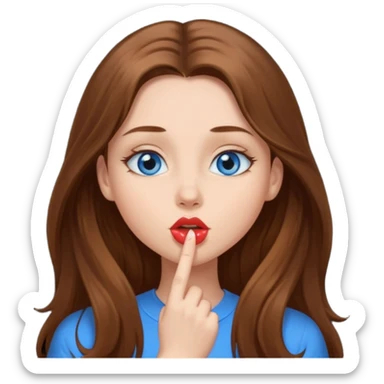 A girl with brown long hair and very blue eyes sending a kiss sticker