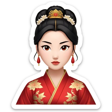 Cinematic Realistic Majestic Mulan Portrait, featuring finely rendered light skin with natural luminescence and expressive, determined eyes. Her black hair is styled with care into an elegant bun, and every fold of her traditional robe—adorned with subtle red motifs and refined gold trim—is depicted with intricate fabric detail. The scene is bathed in soft, natural light that enhances the depth and authenticity of the image, conveying a noble and serene aura that embodies timeless elegance and inner fortitude. sticker