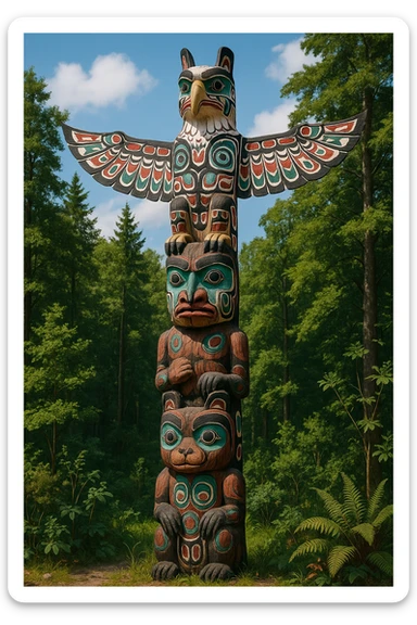 A tall Native American totem pole from the Pacific Northwest, carved with intricate animal figures stacked vertically, topped by a majestic eagle. The pole is decorated with vibrant tribal patterns in red, black, white, and blue, featuring geometric and organic motifs. The animal figures have stylized, expressive features and ornamental carvings. The totem pole is set in a lush natural landscape, symbolizing tribal legacy and spiritual connection to nature. sticker