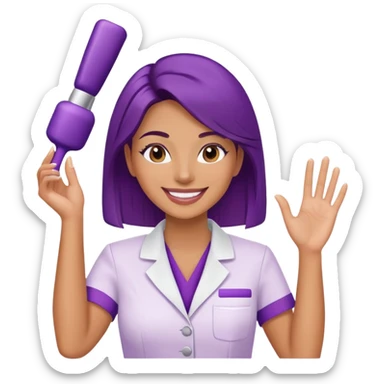 Woman cosmetologist in purple salon uniform with hand raised, smiling sticker