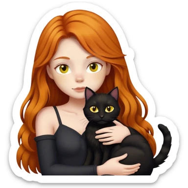 Long-haired black cat with a white patch on its chest and yellow eyes cuddling with a ginger girl sticker