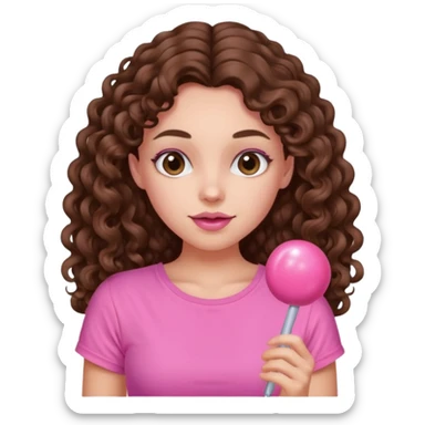 crée moi une jeune fille très belle avec les cheveux bouclés long brune avec un top rose bonbon  sticker