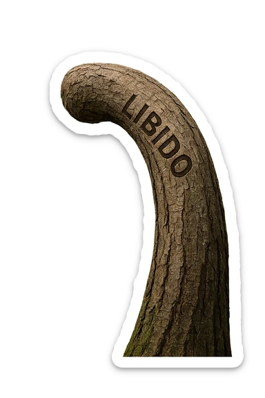 Realistic, vertical 4K illustration: a hyperrealistic tree trunk in a forest setting, noticeably bent, drooping, or wilted instead of standing upright. The bark is textured and detailed WITH THE WORD "LIBIDO" PRINTED ON IT, with subtle cracks and faded colors suggesting loss of vitality. Soft, natural light filters through the surrounding trees, casting gentle shadows. The scene is quiet and contemplative, with the trunk’s unusual, slumped posture symbolizing a decline in male libido. The background is lush and detailed, but the focus remains on the central, softened trunk, evoking a sense of vulnerability and introspection. sticker