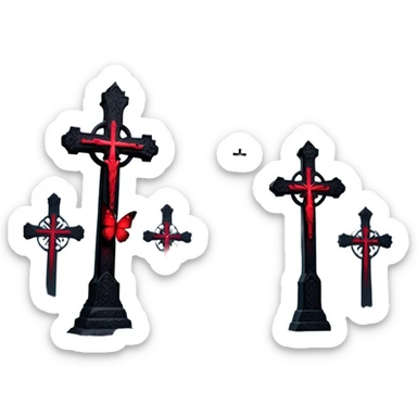 A mesmerizing scene where vibrant crimson butterflies dominate the foreground, their delicate wings glowing against the dark, misty background of shadowy Gothic crosses. The contrast between life and the eerie stillness of the crosses creates a haunting yet beautiful atmosphere. sticker