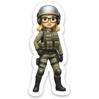girl, 30 year, blondish/greyish, helmet, glasses with small frame, full body, army, ready to fight, with dog sticker