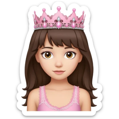 super long haired brunette with middle part curtain bangs cute pink lacy tank with a pink tiara on head, white but with a little bit of tan sticker