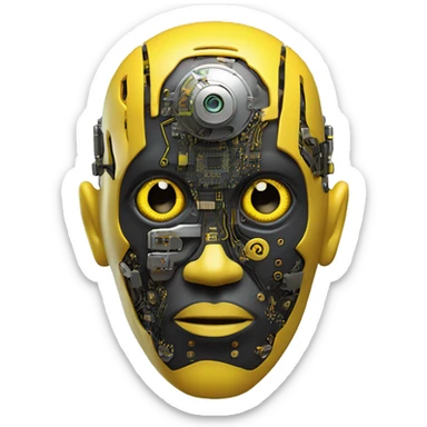 black and yellow cyborg head with circuitry, one artificial eyeball, and yellow goatee sticker