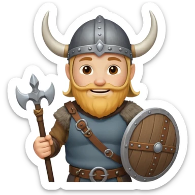A jovial Viking with round belly, horned helmet, and hearty smile while carrying supplies.
 sticker