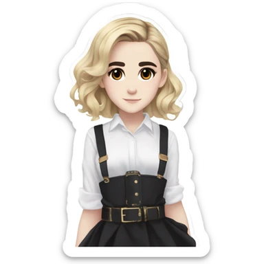 Anime version of Kiernan Shipka in 20denier black thigh highs and super high platform high heel sandals with white blouse with belt  sticker