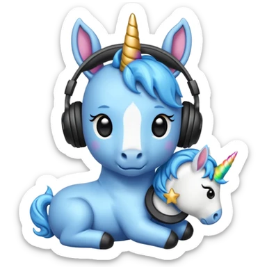Unicornio bebé azul sentado escuchando música con auriculares negros sticker