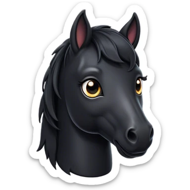 Cinematic Cute Black Horse Portrait Emoji, Head tilted playfully and inquisitively, showcasing a glossy black fur with a striking sheen and expressive dark eyes filled with curiosity, Simplified yet irresistibly adorable features, highly detailed, glowing with a warm, friendly glow, high shine, affectionate and spirited, stylized with a touch of whimsy, bright and endearing, soft glowing outline, capturing the essence of a mischievous yet loving horse, so playful it feels like it could trot out of the screen and into your arms! sticker
