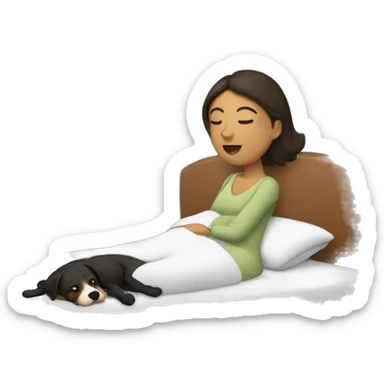 Mujer morena dormida en la cama abrazando a un cachorro blanco sticker