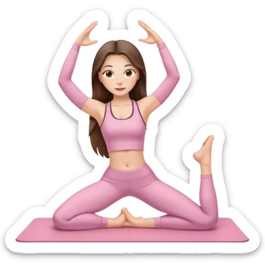 white brunette girl long hair with hazel eyes in light pink workout clothes stretching on a yoga mat sticker