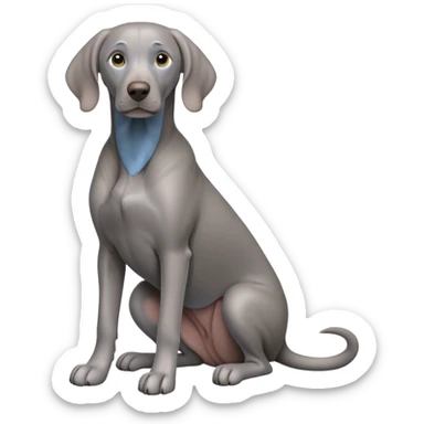 cinematic-[weimaraner]-realistic-full-body-sitting-emoji,-tail-resting-loosely-beside-its-paws,-head-tilted-dramatically, -sleek-[grey blue]-fur,-simplified-yet-realistic-focused-features,-highly-detailed,-glowing-with-an-almost-sarcastic-glow sticker