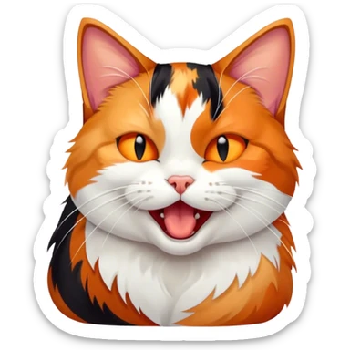 Cinematic Cute Yawning Calico Cat Portrait Emoji, Head tilted mid-yawn with a charming, relaxed expression, showcasing a soft patchwork fur of vibrant orange, black, and white, simplified yet irresistibly adorable, highly detailed, glowing with a cozy, gentle radiance, high shine, exuding sleepy yet endearing charm, styled with a soft glowing outline, capturing the essence of a calico cat caught in a delightful yawn that seems ready to cuddle up for a nap! sticker