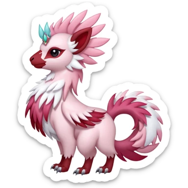 Floral feathery pastel pink and ruby-jewelry-adorned Absol-Amaura-fusion-Fakemon-animal-creature  sticker