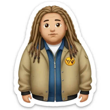 A fat lightskin brown guy with long dreads and a jacket that says “Y2kw” sticker
