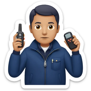 Security, Middle-aged, wearing navy blue jacket, serious facial expression, holding walkie-talkie, full body sticker