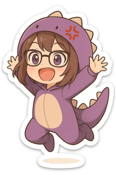 Chibi anime style gamer girl with glasses, brown hair, dark purple eyes, wearing a purple dinosaur costume, jumping pose, excited expression, no controller, no background, same style as reference. sticker