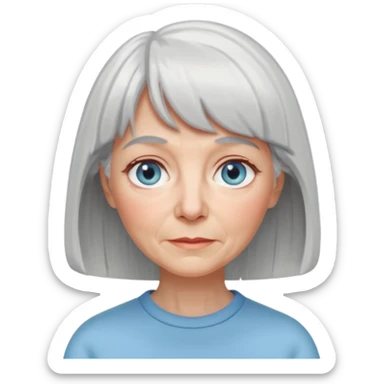older woman with tender expression, light gray hair with straight bangs and medium length hair, large light blue eyes, fair skin with soft wrinkles, digital Apple Memoji style, flat colors, soft edges sticker
