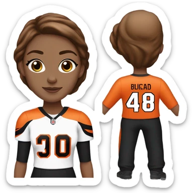 Caucasian ￼women with brown hair wearing a Cincinnati bengals jersey sticker