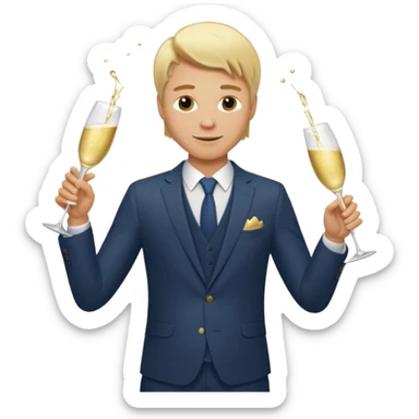 powerful wealthy healthy blonde white man in a tailored suit, pouring champagne, radiating confidence and affluence, apple style emoji sticker