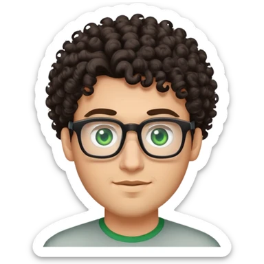 young man with dark tall voluminous curly hair styled up high on head, wearing glasses with green eyes and very light stubble, with a slight smile sticker
