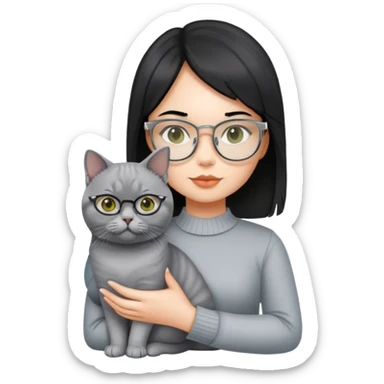 A girl wear silver mental glasses black hair holding a British short hair cat and a Chartreux sticker