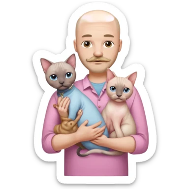 A bald white man in a shirt with a moustache and beard is holding a Siamese cat in his arms. Next to him stands a woman with light hair in a pink dress, holding a white Sphynx cat in her arms sticker