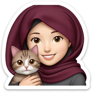 Asian white Girl wearing dark maroon hijab with white shirt smiling while holding a black brown grey tabby cat sticker