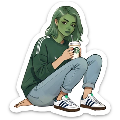 Girl wearing light blue denim jeans and adidas samba shoes with a navy sweatshirt holding a Starbucks coffee sticker