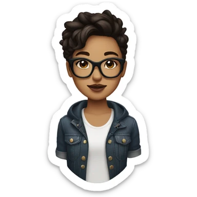 Tomboy fair in colour with black bold glasses with dark brown hair  and in right ear piercing with thunder shape stud sticker