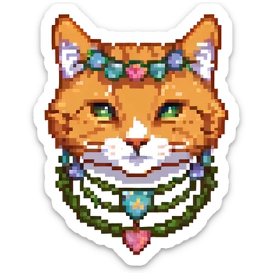 pixel art of the face of a ginger cat decorated with a garland sticker