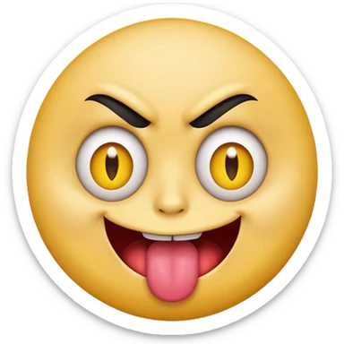 A yellow round face emoji smirking with its tounge out but the eyes are evil and kind of crazy and only one of the eyebrows is raised higher than the other eyebrow sticker